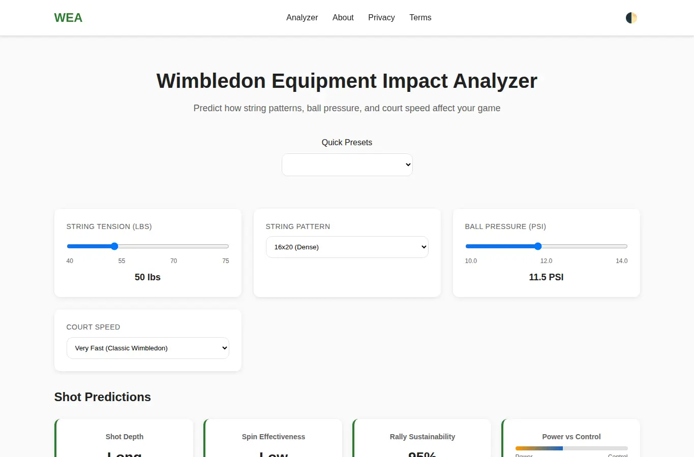 Screenshot of Wimbledon Equipment Impact Analyzer interface showing the project page in use